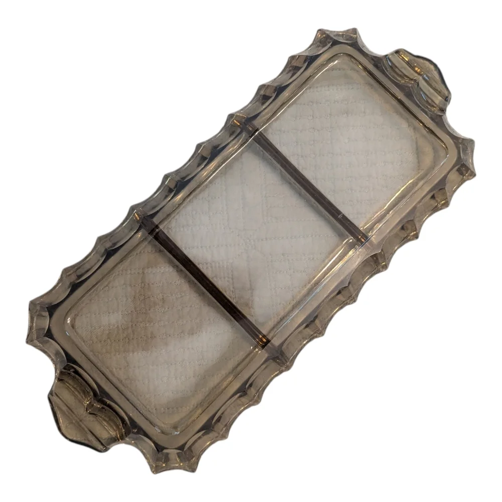 Vintage Rare Smokey Glass Scalloped Edge Handled 3 Sectioned Rectangular Server